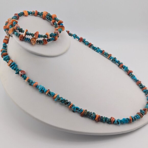 Native American Necklace & Bracelet Set Natural Turquoise Nuggets Spiny Oyster** - Picture 1 of 11